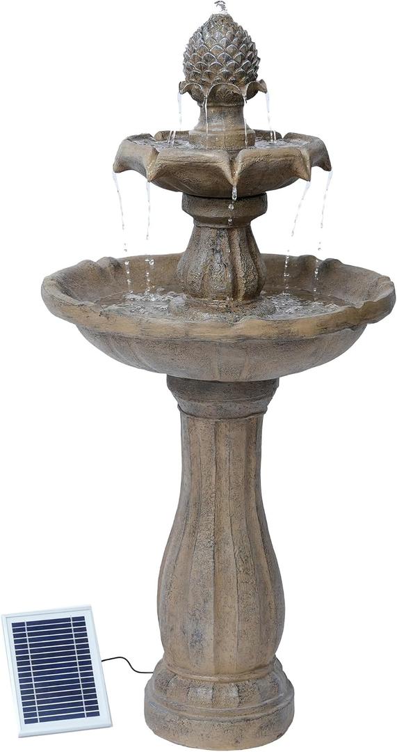 XBrand 44" Solar Powered Outdoor 2-Tier Cascading Water Fountain, Fiberglass Resin Garden & Patio Solar Fountain, Beige