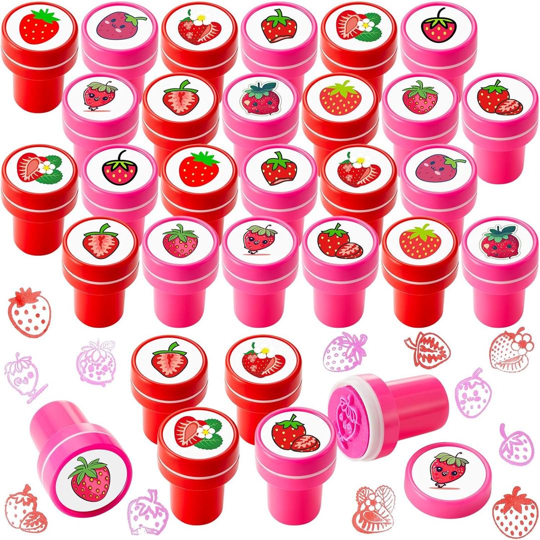 24 Pcs Strawberry Party Favors Berry First Birthday Party Favors Strawberry Mini Stamps for Kids Self Ink Stampers with 12 Designs Gift Rewards for School Supply Goodie Bag Shortcake