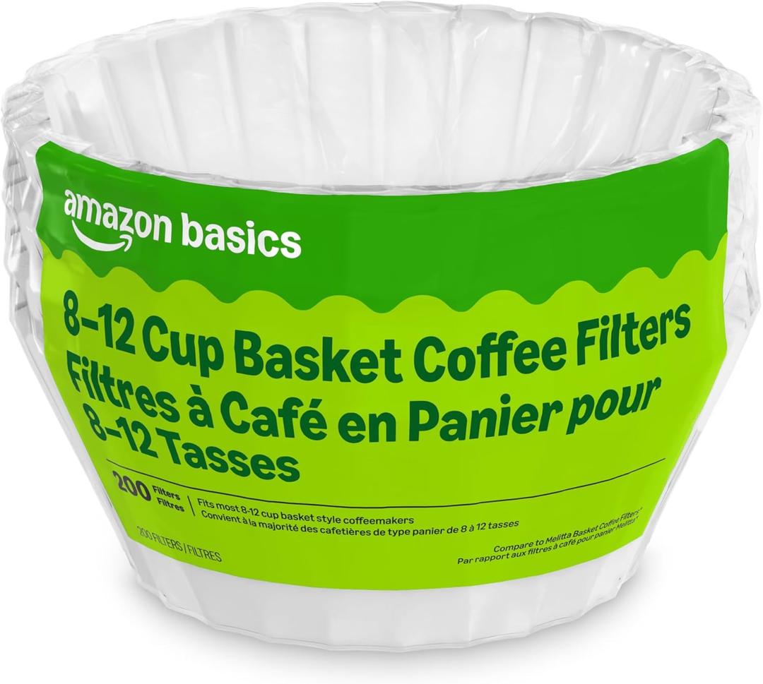 Amazon Basics Basket Coffee Filters for 8-12 Cup Coffee Makers, White, 200 Count