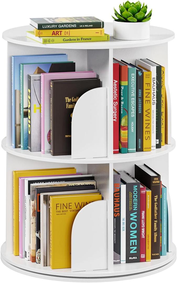 SpaceAid 2 Tier Rotating Bookshelf Tower, Spinning Bookcase Lazy Susan, Revolving 360 Book Shelf Storage Round Carousel, Vertical Rotate Turning Spiral Corner Organizer, White, 2 Tier, 25.6" H