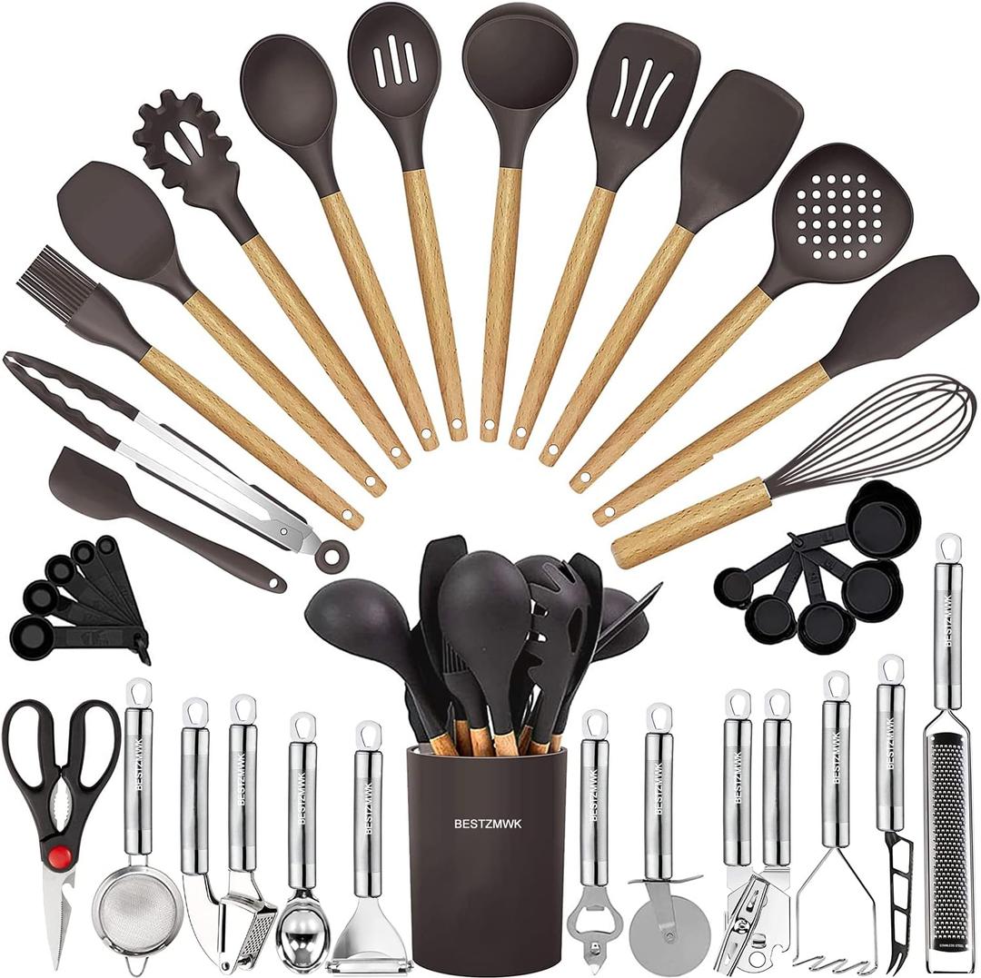Cooking Utensils Set- 35 PCs Kitchen Utensils with Grater, Tongs, Spoon Spatula &Turner Made of Heat Resistant Food Grade Silicone and Wooden Handles Kitchen Gadgets Tools Set for Cookware (Dark Gray)
