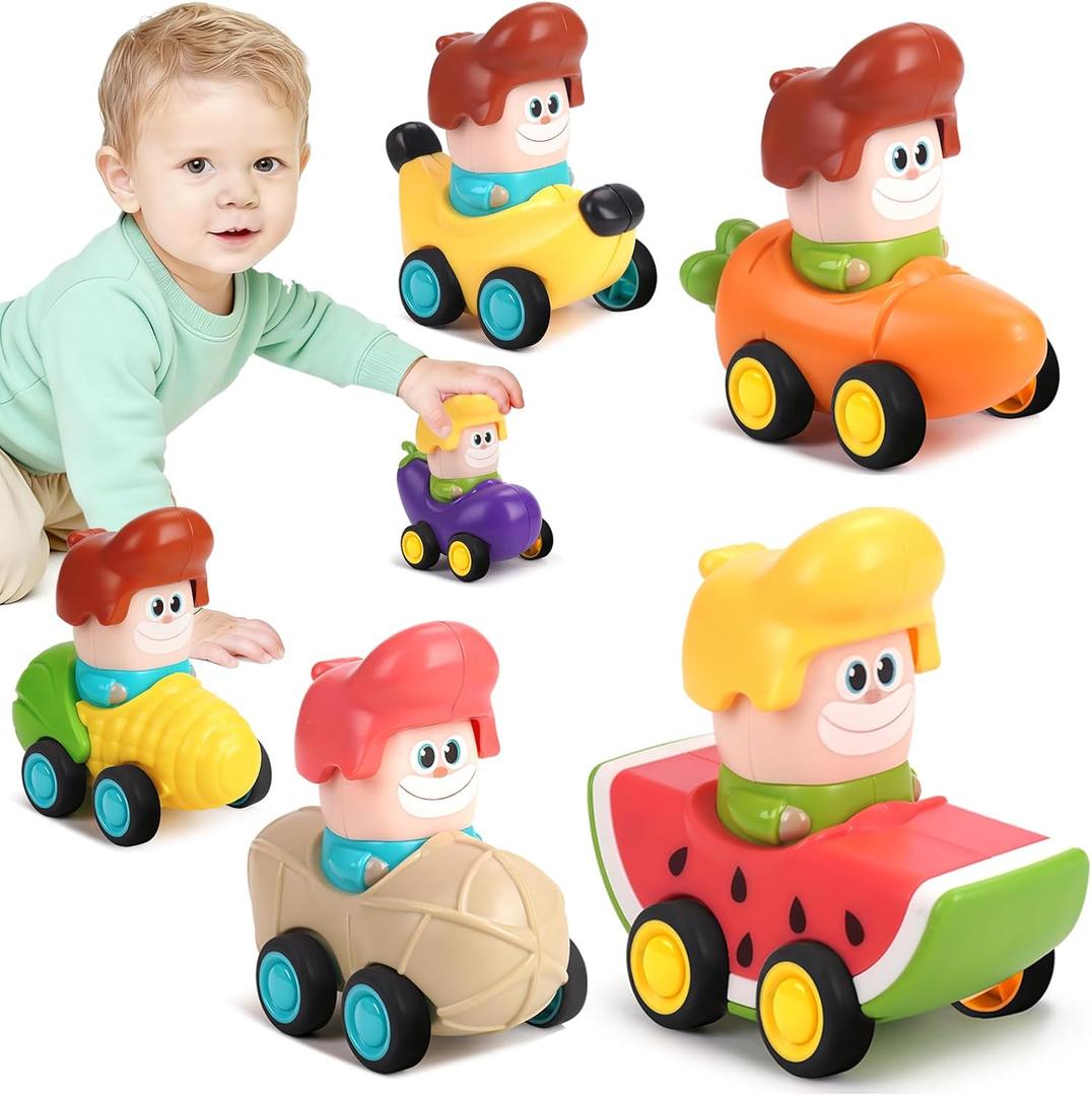 6PCS Press and Go Cars Toys for Toddlers, Infant Fruits Vegetable Racing Cars for 6 9 12 18 Months, Baby Push Go Car Toys, Kids Play Vehicle Set, Birthday for Boys Girls 1 2 3