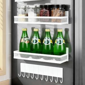 3-Pack Magnetic Spice Rack for Refrigerator, Moveable Shelf with 10 Hooks, Fridge Organizer for Kitchen Storage, White