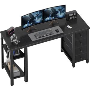 Lufeiya Gaming Desk with 4 Fabric Drawers & Storage Shelves, 55 inch Computer Writing Work Study Desk for Home Office Bedroom, Modern Simple Student PC Desks Table, Black
