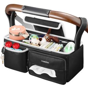 YOREPEK Spacious Stroller Caddy Fits for UPPAbaby Vista/Minu/Cruz, Adjustable Stroller Organizer with 2 Insulated Cup Holders, Easy-clean Stroller Bag for Travel, Walks, Accessories, Baby Essentials (Black)