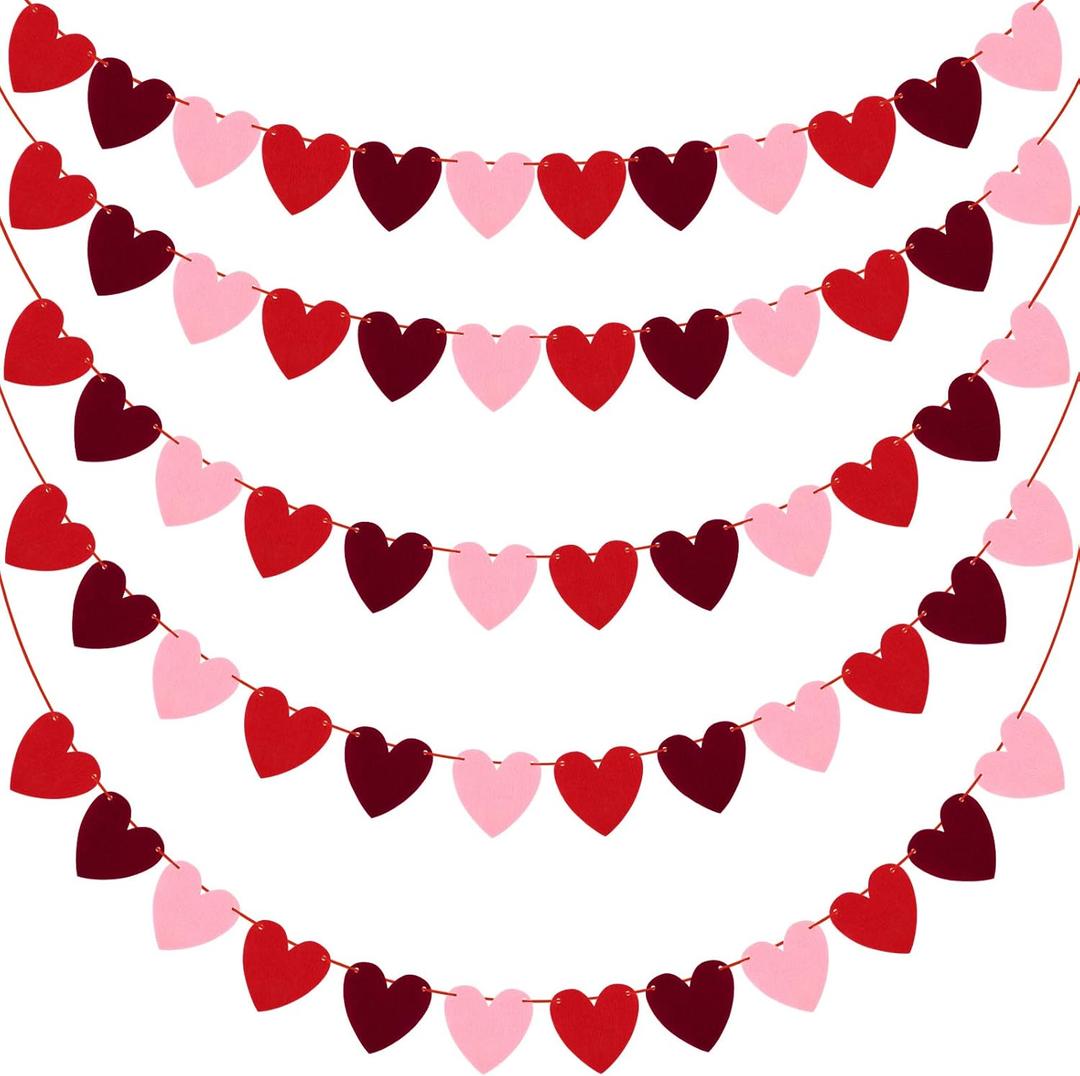 5 Pack Valentines Heart Garland Decorations Felt Heart Banner Hanging Valentines Garland NO DIY for Valentines Decorations, Anniversary, Mantle, Room Decor (Red, White, Pink)