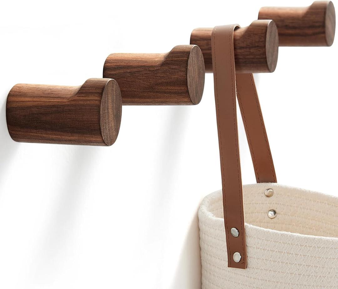 Wooden Wall Hooks 4 Pack, Modern Decorative Coat Hook Wall-Mount, Handmade Rustic Hat Hooks, Entryway Wall Hangers for Hanging Coats Hats Backpack, Bathroom Wood Towel Rack (Walnut)