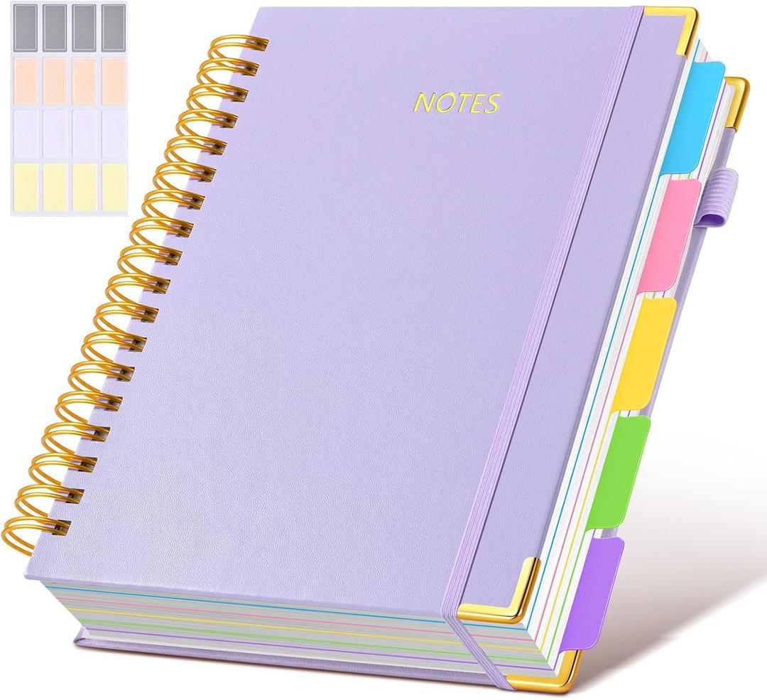 Hardcover Spiral Notebook journal with Removable Dividers Tabs, 300 Pages Leather 5 Subject Notebook College Ruled, 8"x10" Large B5 Notebooks for Work School Note taking, Lined Journal for Women,Purple