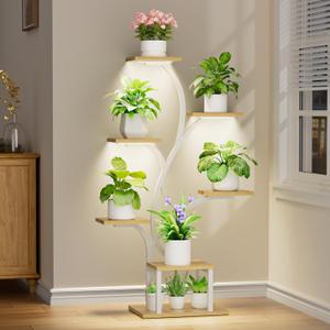 Plant Stand Indoor with Grow Lights, 7 Tiered Plant Shelf Indoor, 49" Corner Plant Stands for Indoor Plants, Metal Plant Flower Display Shelves, Tree-Shaped Plant Rack for Home, Patio, White