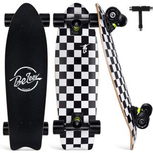 BELEEV Cruiser Skateboards for Beginners, 27 x 8 inch Complete Skateboard for Kids Teens Adults, 7 Ply Canadian Maple Double Kick Deck Concave Skateboard with Skate T-Tool