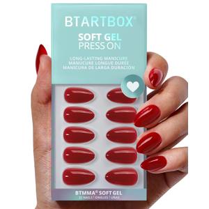 BTArtbox Press On Nails Almond - Pastel Red Short Press On Nails with Glue for Women, Opaque Soft Gel Glue On Nails in 16 Sizes - 32 Stick On Nails Kit, Power Suit