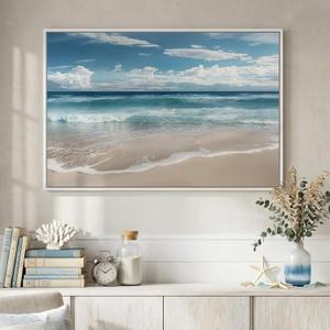 Framed Coastal Beach Wall Art for Room Decor, Blue Ocean Seascape Canvas Artwork for Walls, Nature Nautical Cozy Landscape Picture Print Beach House Wall Decor for Living Room Bedroom Hallway, 24x36