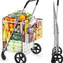 Wellmax Foldable Shopping Cart with Wheels, Folding Metal Grocery Cart with Extra Basket, Swivel Front Wheels, Lightweight & Collapsible Utility Cart for Groceries, Laundry, Seniors, Silver Color