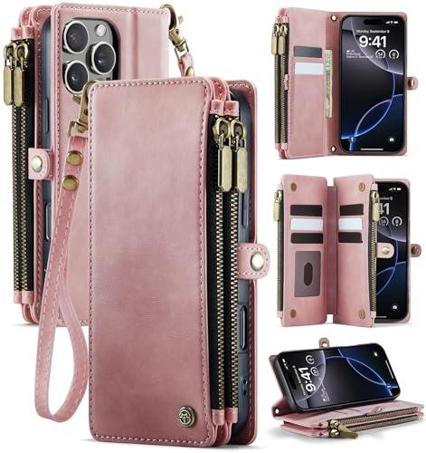 ZiFoldy for iPhone 16 Pro (6.3") Case Wallet with RFID Blocking 2-Zipper Pockets & 8-Credit Card Holder Slots & Wrist Strap | Vintage Soft PU Leather Magnetic Snap Flip Protective Phone Cover, Pink