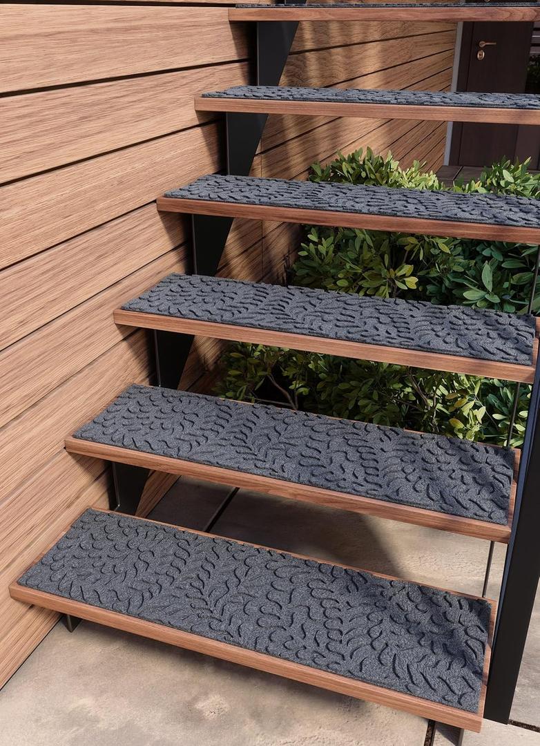 FINEHOUS Outdoor Stair Treads Non-Slip 35x10 (6-Pack) Carpet Treads with Rubber Backing Floral Grey