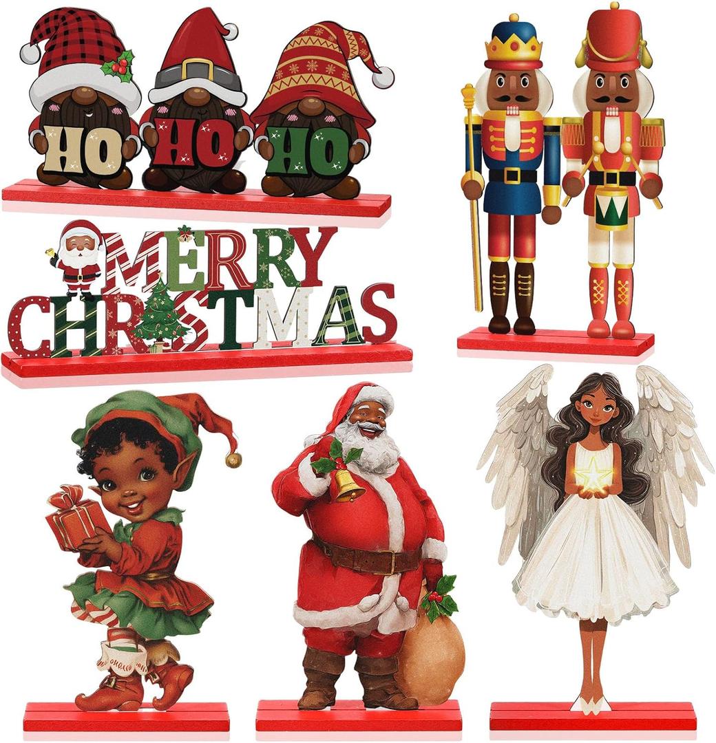 Yousoontic 6 Pcs African American Christmas Signs Decorations Wooden Table Topper Centerpiece Table Decor Black Santa Claus Nutcracker Joy Letter Angel Christmas Xmas Holiday Party Gift