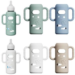 4 Pack Silicone Sleeves for Dr. Brown's Glass Bottles - Drop Protection Bottle Sleeves,Compatible with Dr. Brown's Newborn Glass Bottles,with Silicone Handles,8 oz (4pc-Green/Blue/Brown/White)