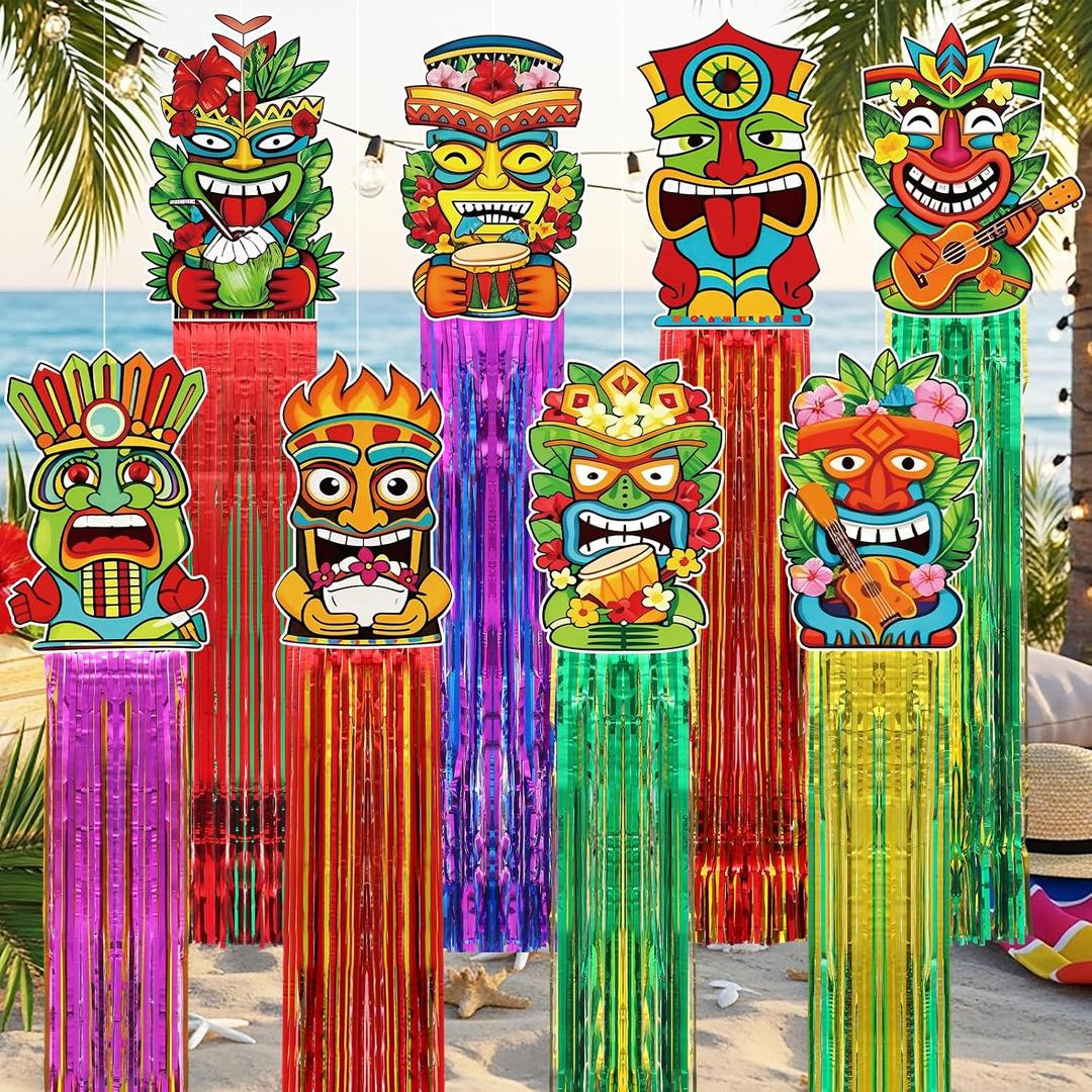 2 x 6 Pcs Hawaiian Luau Party Decoration 3.1 ft Tiki Totem Hanging Decorations with Tassels Tiki Door Banner Sign Garland Decor for Outdoor Summer Hawaii Luau Aloha Tropical Birthday Party Supplies