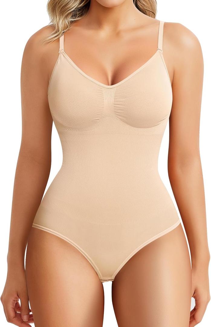 BRABIC Womens' Seamless Sleeveless V-Neck Bodysuit Shapewear Tummy Control (Medium/Large, Beige Brief)