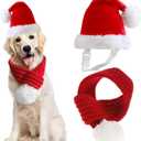 Inscape Data Christmas Dog Santa Hat with Scarf, Adjustable Santa Hat for Dog and Xmas Pet Knit Red Scarf with White Pompom Ball, Dog Winter Neck Warmer Scarf, Christmas Party Dressup , L