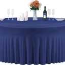 GALLETY Navy Blue Table Cloth for 5FT Round Table, Fitted Spandex 120 inch Round Tablecloth, Wrinkle Free Tables Skirt for Receptions Birthday Photography Social Events Engagement Party Decorations
