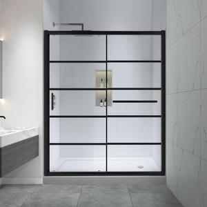 Black Grid Sliding Shower Door 55-60" W x 72" H, Matte Black, Single Sliding Door, Framed, 1/4" (6mm) SGCC Tempered Glass, Reversible Installation