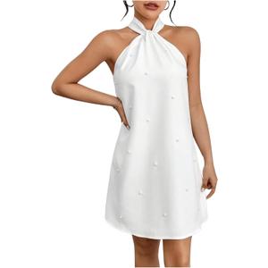 OYOANGLE Women's Pearl Decor Halter Neck Sleeveless Dress Tie Back Solid Elegant Short Dresses (White) S