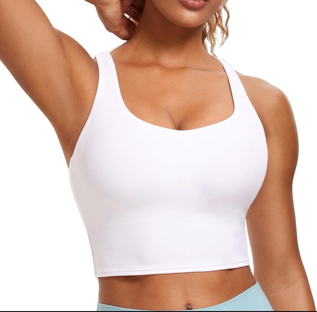 CRZ YOGA Womens Butterluxe Strappy Longline Sports Bra - Padded Criss Cross Yoga Workout Crop Tank Tops Small, White