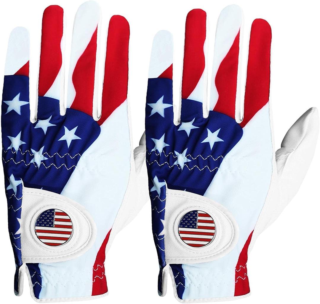 FINGER TEN Golf Gloves Men Right Handed Golfer Left Hand with Ball Marker 2 Pack Leather Breathable Comfortable Weathersof Grip Size Small Medium ML Large XL (White&USA Flag)