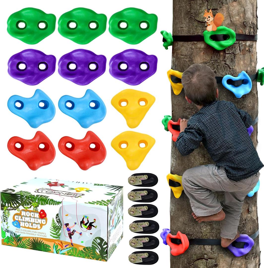 TOPNEW 12 Ninja Tree Climbing Holds for Kids Climber, Adult Climbing Rocks with 6 Ratchet Straps for Outdoor Ninja Warrior Obstacle Course Training (Multicolor)