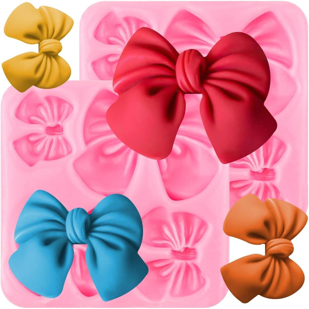 4 x Bow Chocolate Molds Silicone 2Pcs, 2.72 Inch Small Bowknot Fondant Mold for Cake Decorating, Flexible Bowing Shape Trays for Cookies Candy Rice Krispies Treats, DIY Party Dessert Baking Supplies