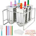 6-Piece Stainless Steel Popsicle Molds, Reusable Homemade Ice Pop Molds with Stand, Eco-Friendly for Kids & Adults, Includes Colorful Acrylic Sticks, Wooden Sticks & BagsRound Head