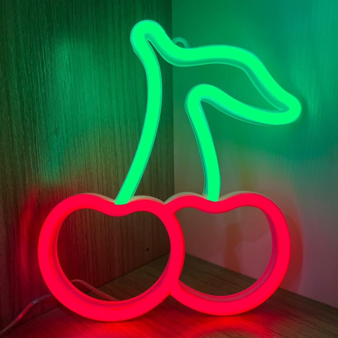 Cherry Neon Sign, Red Green Cherries Neon Lights, Cherry Neon Signs for Wall Decor, Cute Fruits LED Signs for Kids Room Restaurant Bar Fruit Shop Home