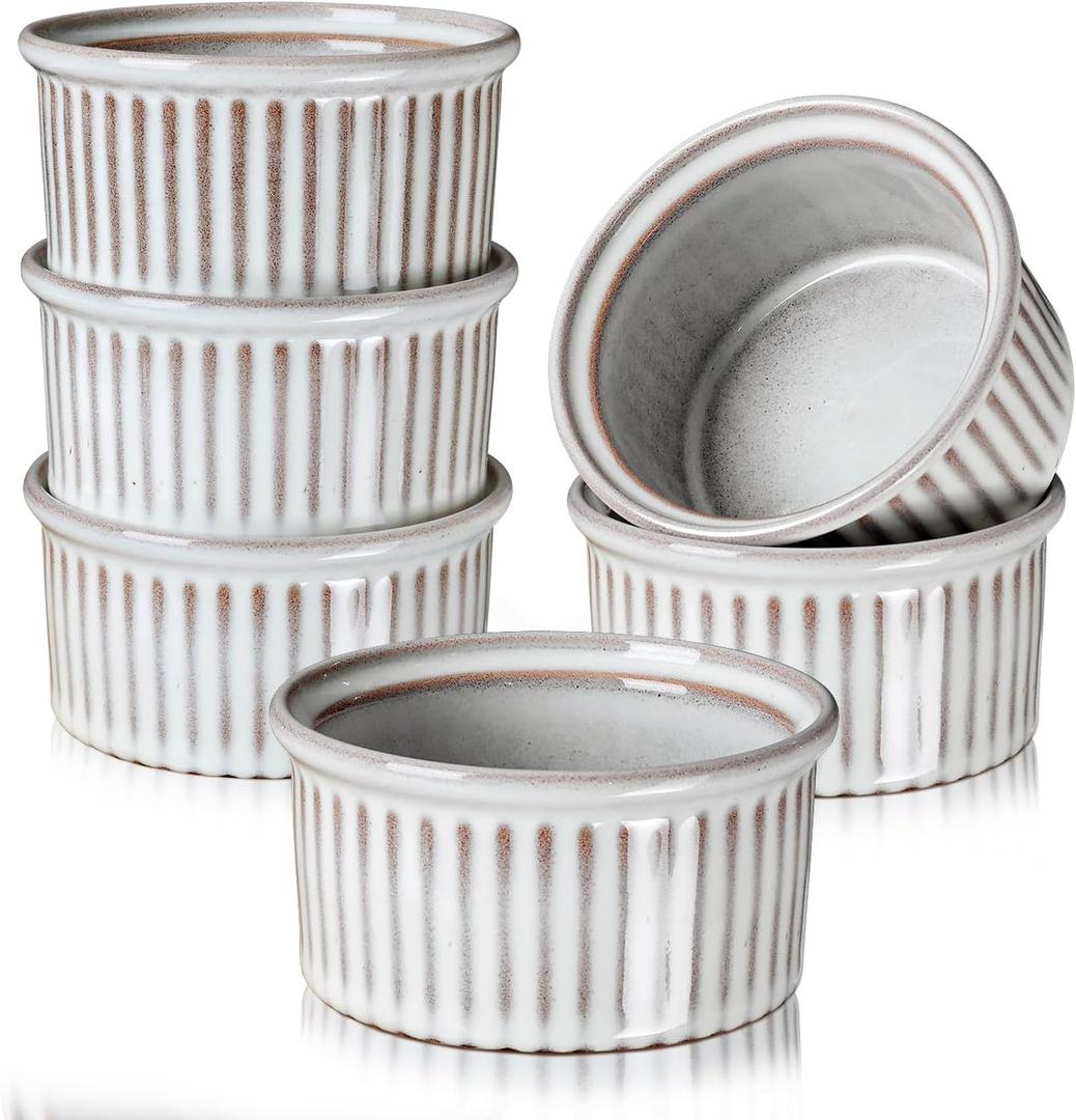 NUTRIUPS 6oz Ceramic Ramekins Set of 6, Vintage Souffle Dishes - Oven Safe Small Baking Bowls for Pudding, Creme Brulee & Custard (Vintage Gray, 6 OZ)