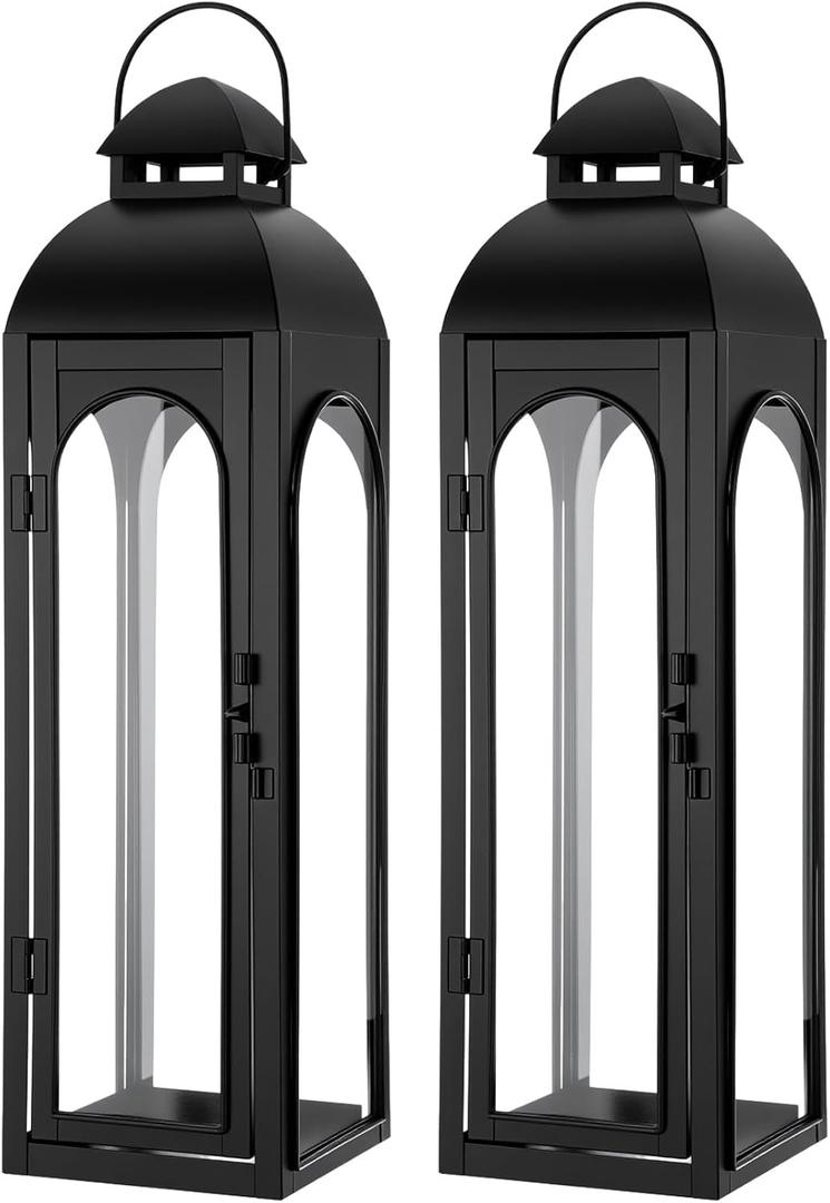 Nuogo 2 Pack 20 Inch Large Black Metal Decorative Lanterns Luxury Hurricane Modern Candle Lanterns with Clear Glass Panels for Porch Outdoor Garden Wall Hanging Patio Wedding Party Table Decoration