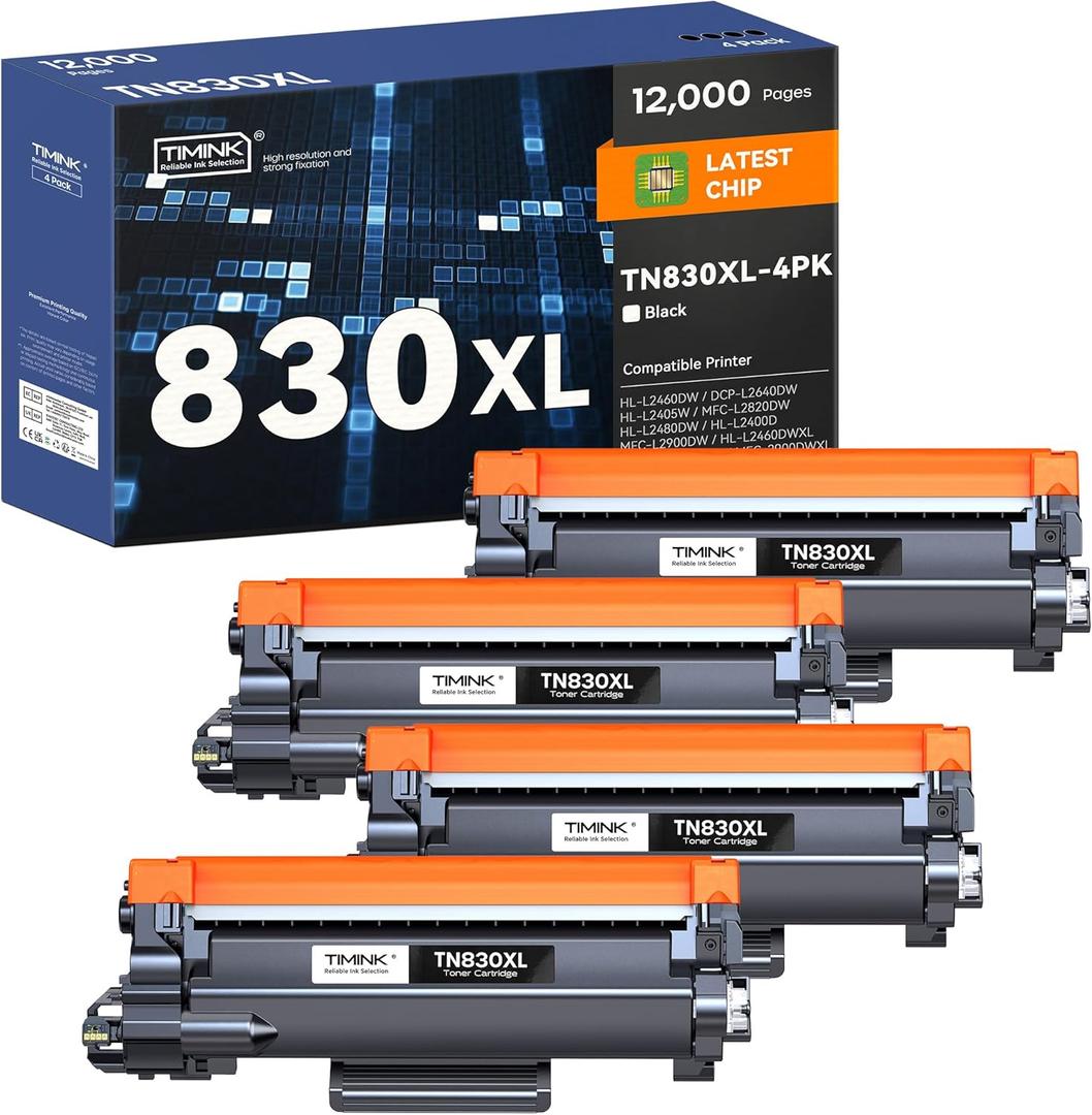 TN830XL Toner Cartridges Replacement for Brother TN 830XL TN830 TN830 XL Toner Work for Brother HL-L2460DW DCP-L2640DW HL-L2405W MFC-L2820DW HL-L2480DW HL-L2400D Printer 4PK (High Yield)