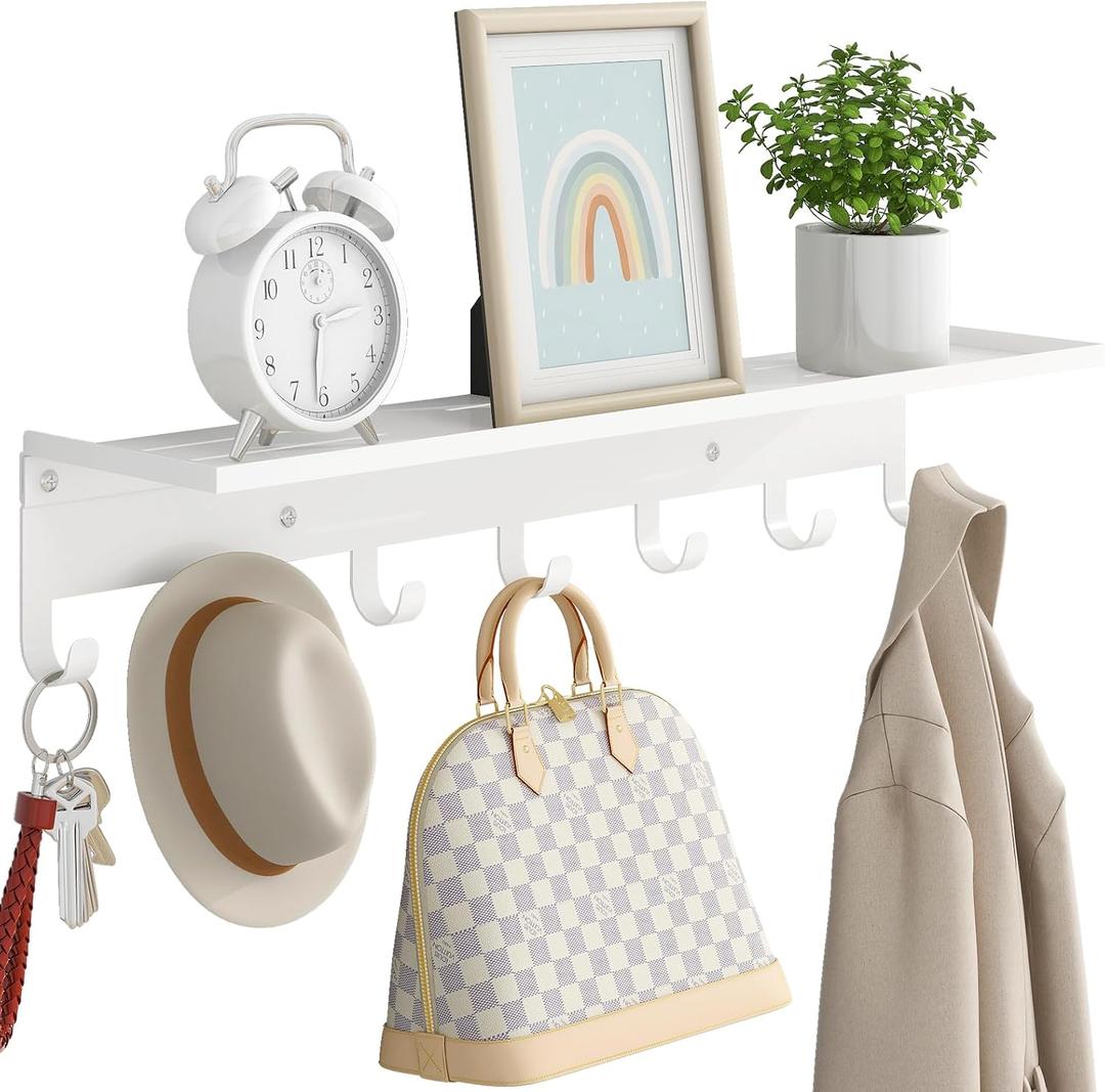 Bethom Shelf with 7 Hooks, 23 Inch Entryway Coat Rack Wall Mounted, Metal Coat Hanger with Shelf Storage Clothes, Bags, Purse for Living Room, Balcony, Closet, White