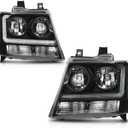 PIT66 LED Headlight Assembly Compatible with 2007-2014 Chevy Tahoe Suburban/Fit 2007-2013 Avalanche Corner Halogen Headlamp Replacement Black Housing Amber Corner