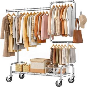 SOLEDI Heavy Duty Partitioned Clothes Rack, 600 LBS Load Metal Garment Rack with Shelves & Lockable Wheels, Rolling Hanging Rack for Bedroom, Laundry Room, Store & Garage (Silver)