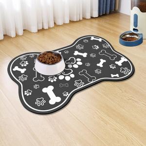 Dog Cat Food Mat,Rapid Absorbent Pet Feeding Mat, Bone Shaped Dog Placemat Water Bowl Mat with Rubber Backing,No Stains Dog Cat Food Mats Indoor, Pet Accessories Supplies 16"24" Black