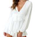 Bonkwa Women's Summer Deep V-Neck Floral Print Romper Long Baggy Sleeves Double Layer Ruffle Hem Short Jumpsuits with Belt