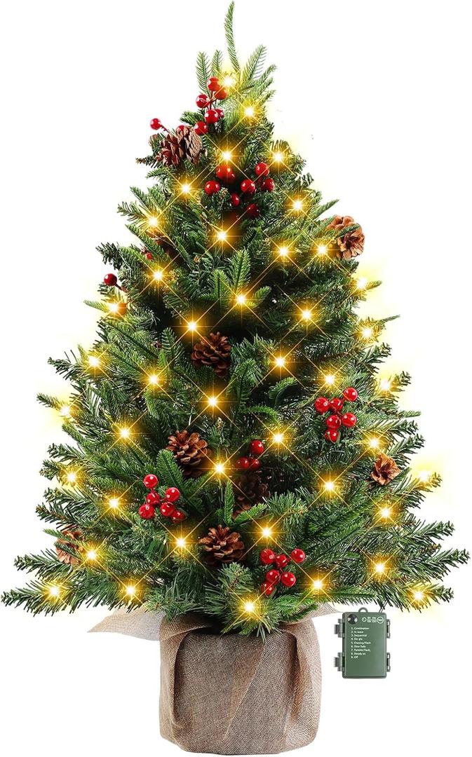 24 Inch Mini Christmas Tree, Table Top Artificial Xmas Pine Trees with 100 5-Pronged PE Branches, DIY Artificial Christmas Tree with 60 LED String Lights, Pine Cones and Red Berries Decoration