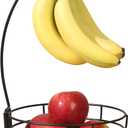 Gibson Home Harvest Season Fruit Basket Bowl with Banana Hanger  Black Metal Wire & Rubberwood Base  Countertop Produce Stand for Apples, Bananas, Oranges  Kitchen Storage Organizer