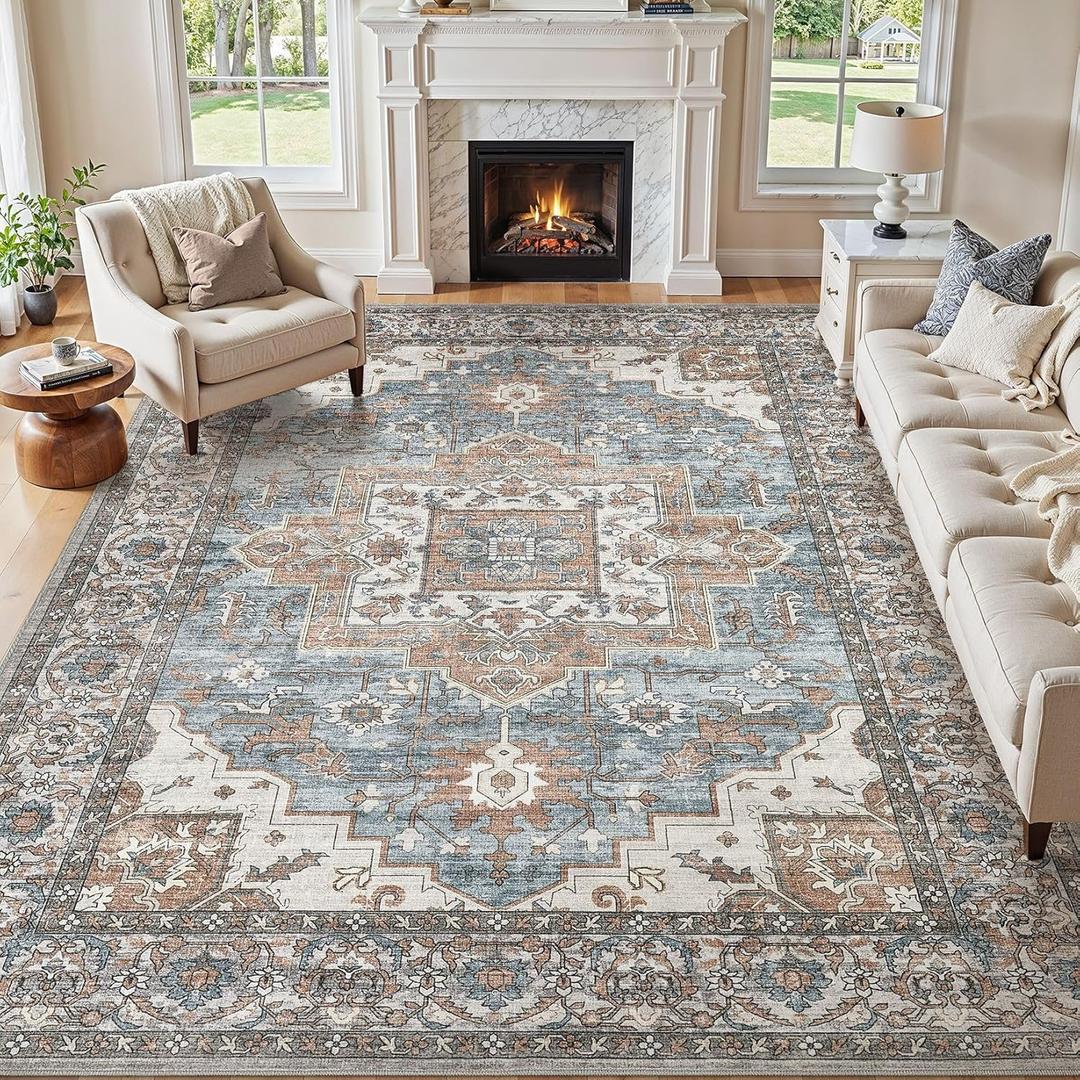 9x12 Area Rugs Living Room: Washable Vintage Rug Large Non-Slip Stain Resistant Ultra Soft Low Pile Pet Kids Friendly Carpets for Bedroom Dining Room Nursery Home Office Decor - Blue Brown