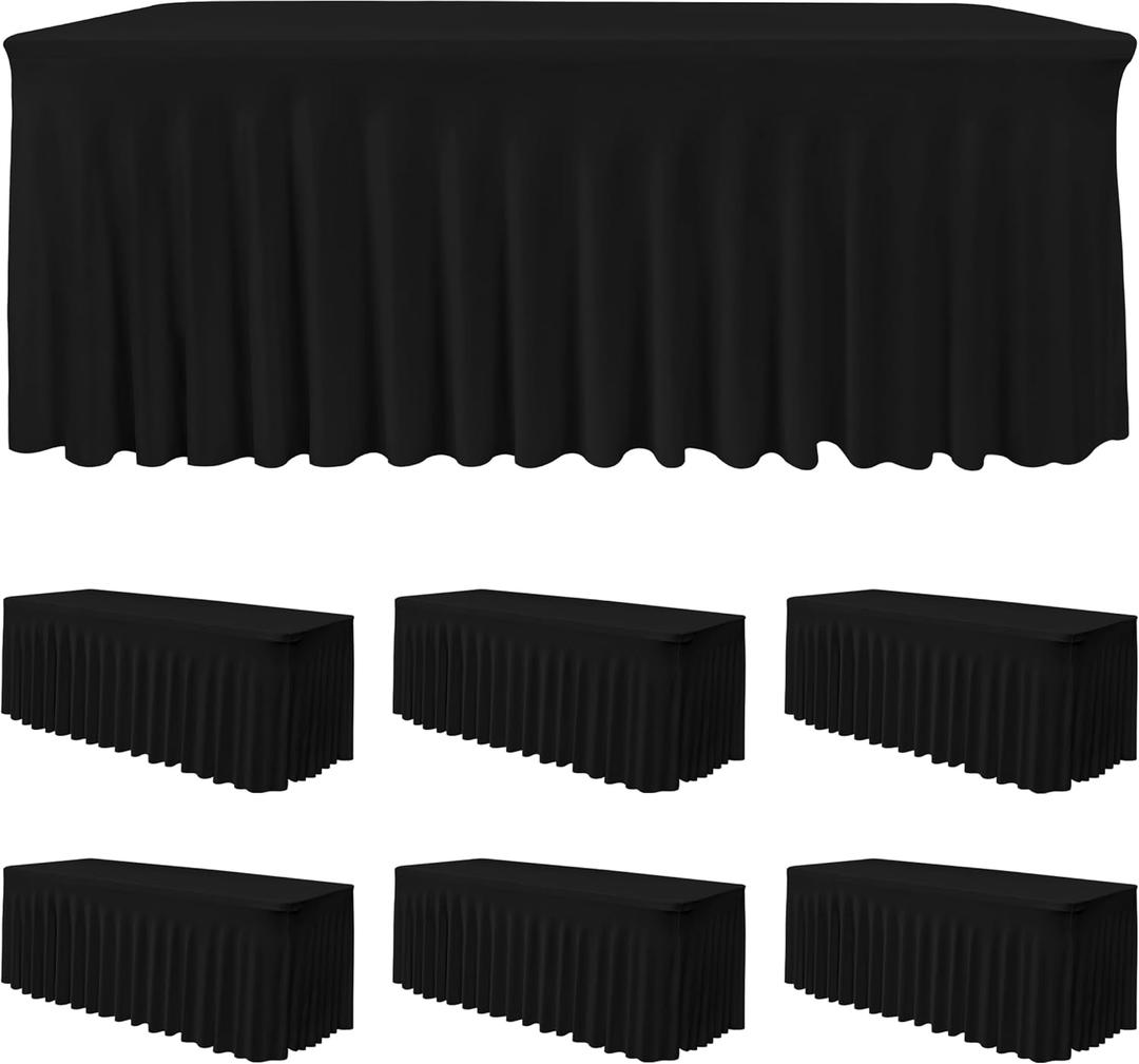 HolidayIdeas Black 4ft Rectangle Spandex Tablecloth 6 Pack Fitted Stretch Table Skirts 24x48 Inch, Ruffle Design Wrinkle-Free Polyester Table Cover for Banquets,Trade Shows, Parties, Events