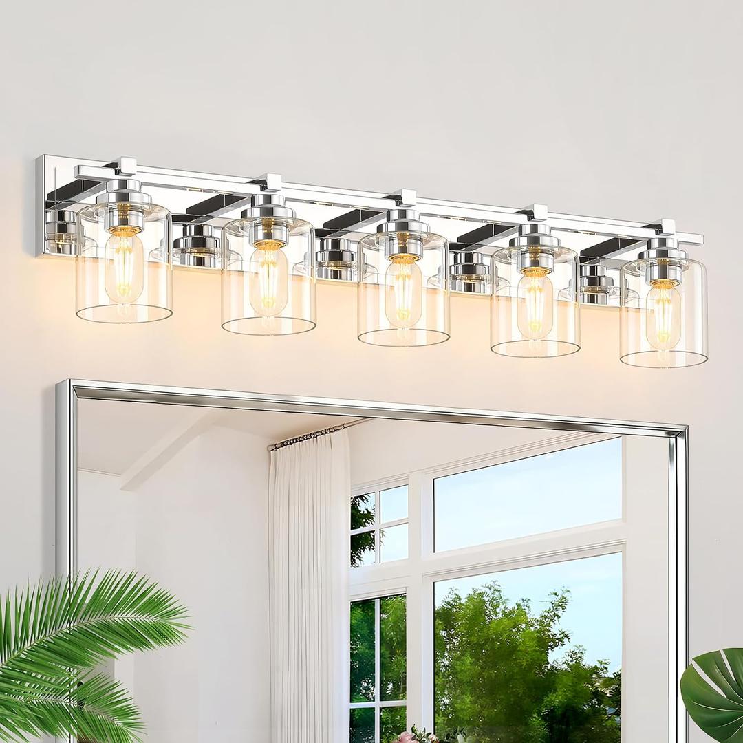 Modern Bathroom Light Fixtures Over Mirror, Vanity Lights for Bathroom Wall Sconces with Clear Glass Shades, E26 Socket (Bulbs Not Included), 5 Light, Chrome
