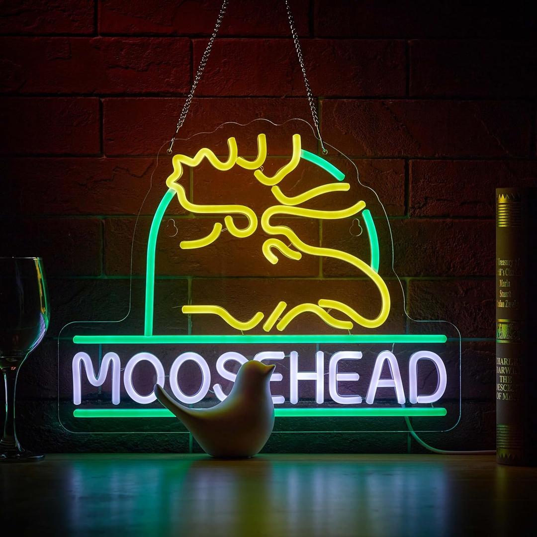 Moose Neon Sign for Wall Dcor Dimmable Beer Bar LED Man Cave Head Neon Light USB Powered Neon Art Signs Decor Gifts (Green+White+Yellow)