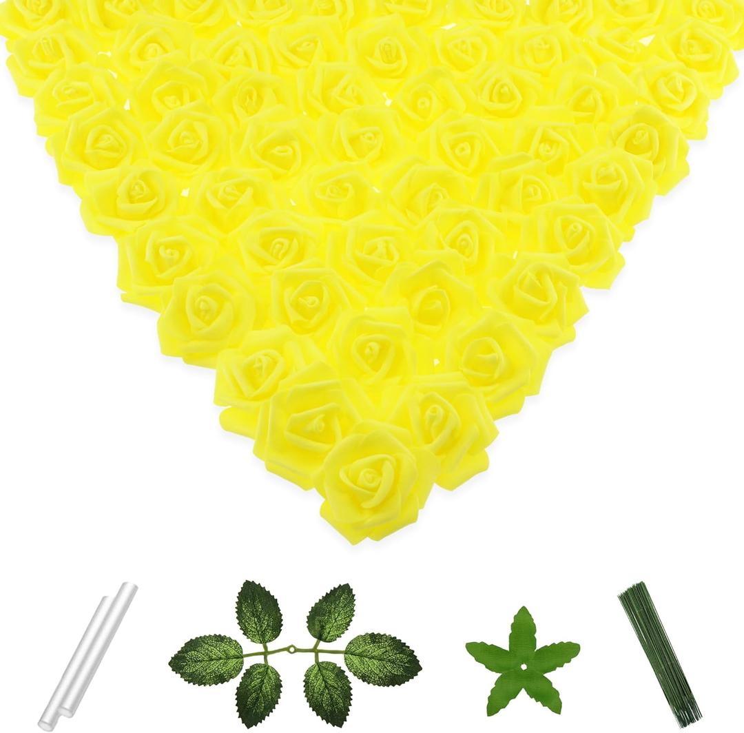 100 Pcs 2 Inch Artificial Flowers Faux Foam Fake Rose Head Bulk for Home Decor Wedding Decoration Bridal Shower Wall Table Centerpiece Arrangement DIY Craft (Yellow)