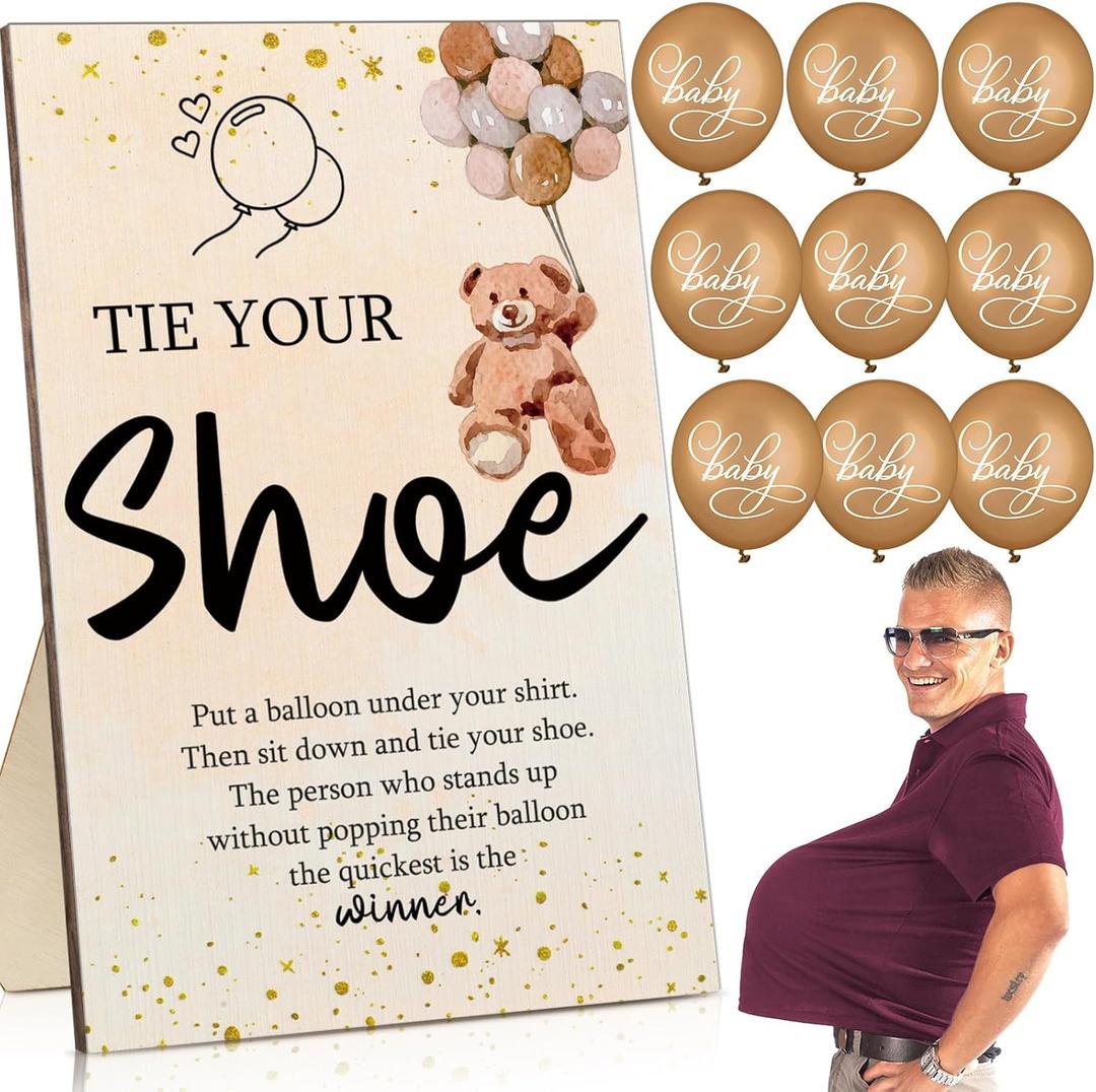 Roowest 51 Pcs Tie Your Shoe Baby Shower Game Sign Wooden Sign Greenery Gift Sets Gender Reveal Party Favors 50 Balloons Latex Balloons for Game Supplies(Brown,Bear)