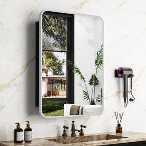 ACEMIRO 20x28 Inch Recessed Medicine Cabinet with Mirror Metal Framed Surface Wall Mounted Bathroom Mirror Medicine Cabinet with Storage Brushed Silver
